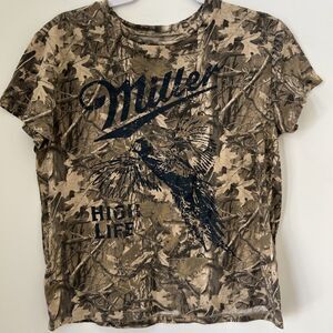 Miller High Life Short Sleeve Shirt Pheasant Camo Blue Logo Women M 100% Cotton